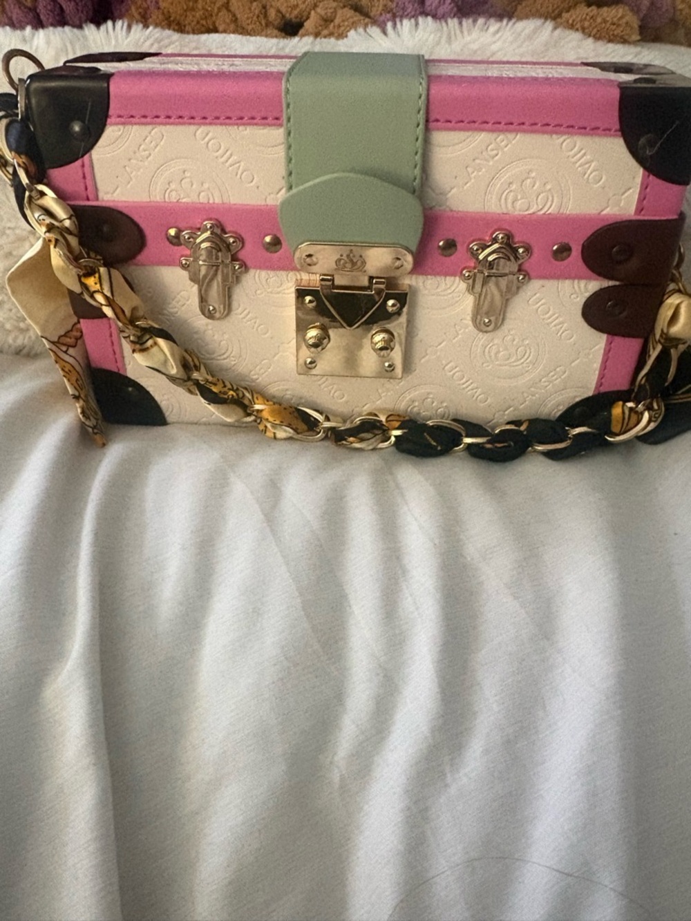 Suitcase style shoulder bag with interwoven scarf NWOT